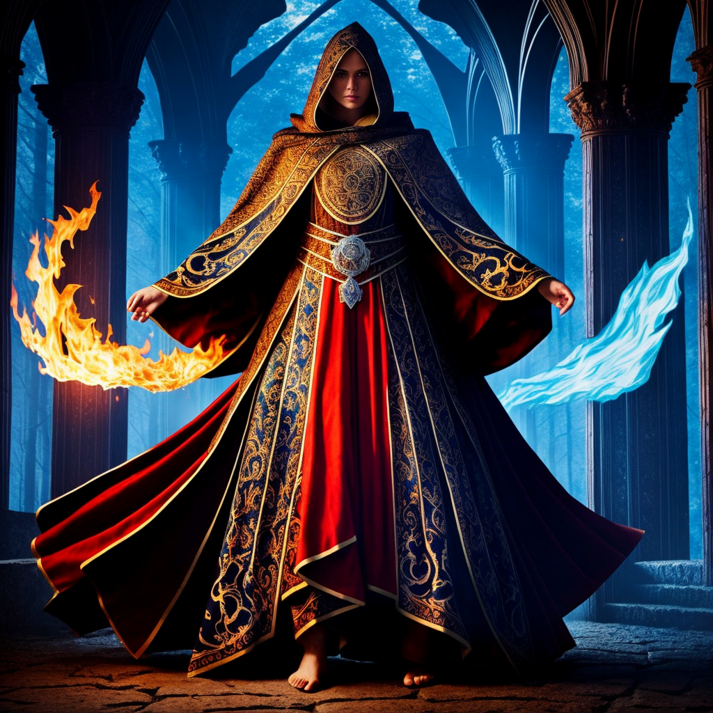 RPG prompt: a powerful human mage wearing a cloak (intric...