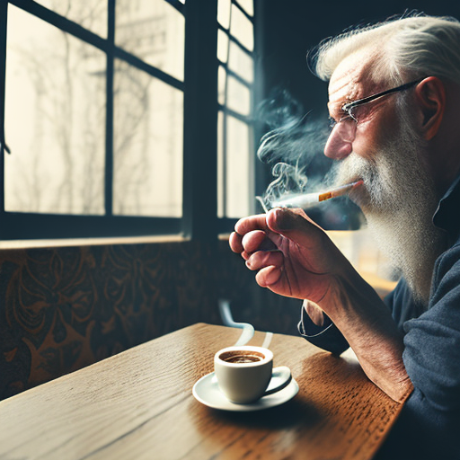 AI generated: Openjourney prompt: old man drinking coffee and smoking a pipe in a ca... (Openjourney - Food & Drink)