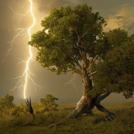 Stable Diffusion prompt: Lightning strikes a tree on a hi...