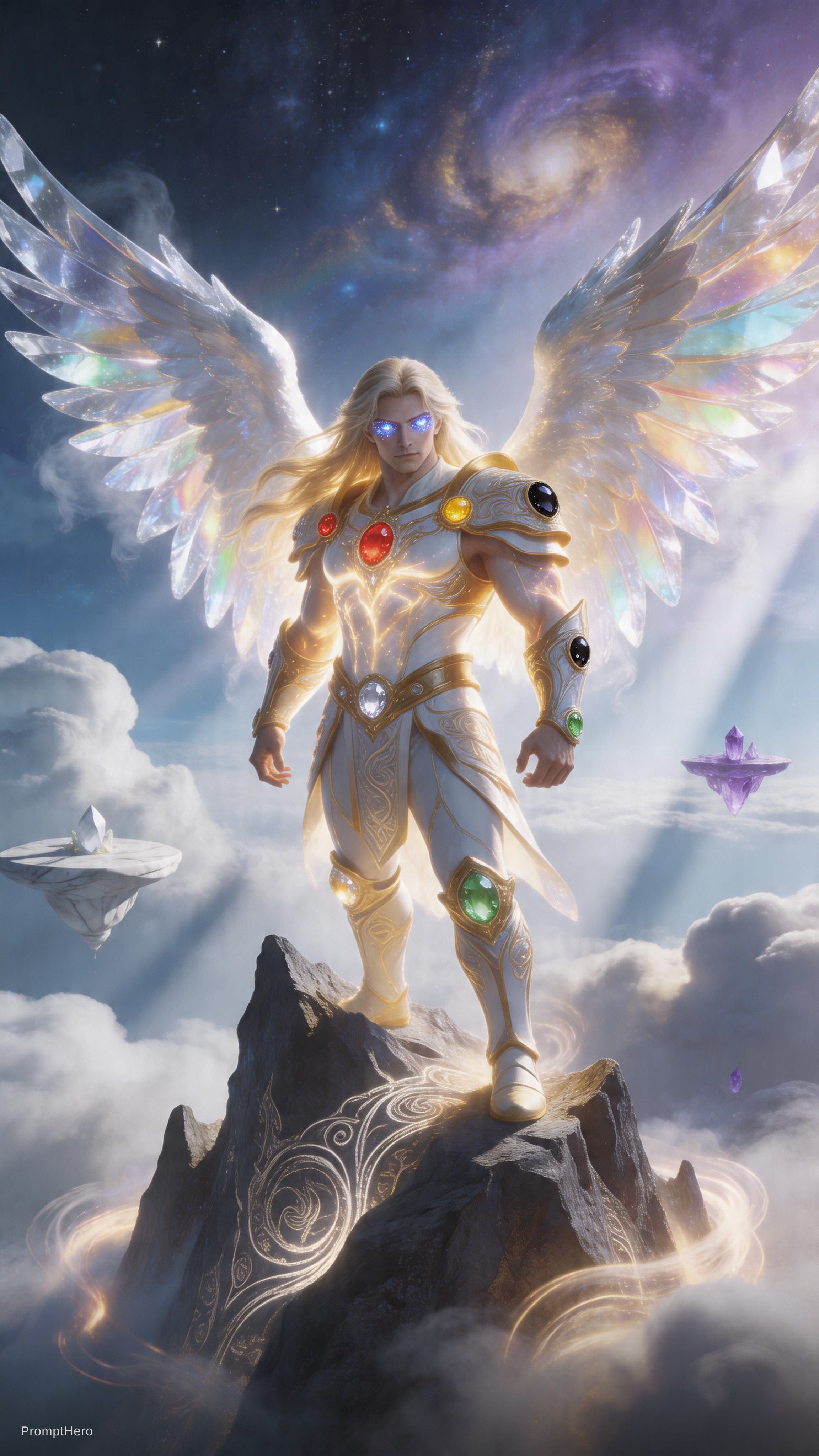 AI generated: Seedream 5 prompt: The angel stands upon the jagged peak of a celesti... (Seedream 5 - Landscapes)