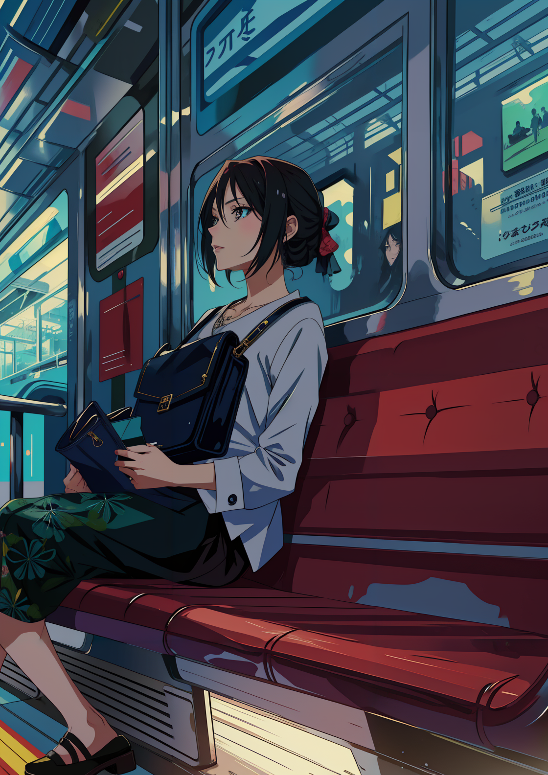 AI generated: Stable Diffusion prompt: a woman sitting on a train seat with a purse in he... (Stable Diffusion - Anime)