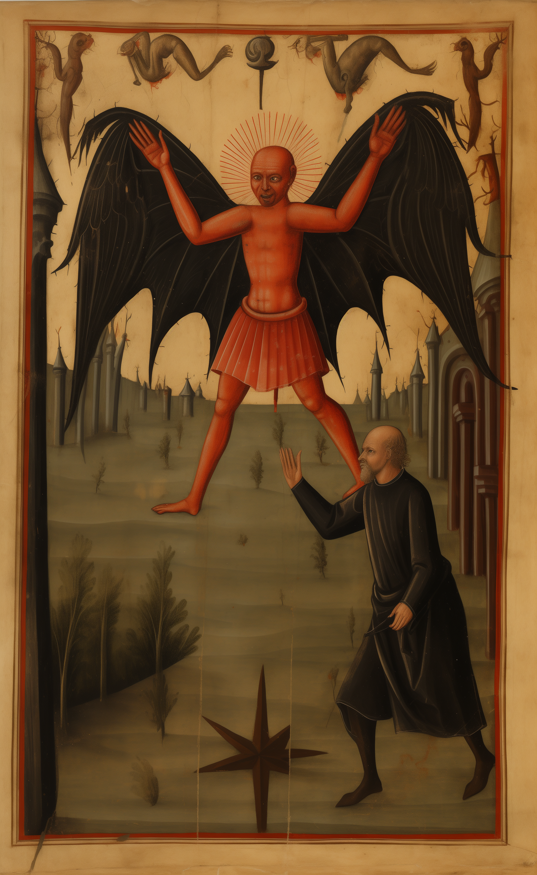 AI generated: Midjourney prompt: medieval illumination art of the devil and his hum... (Midjourney - Character Design)