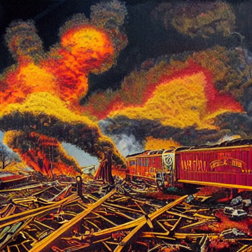Stable Diffusion prompt: Train crash :: 150 car disaste...
