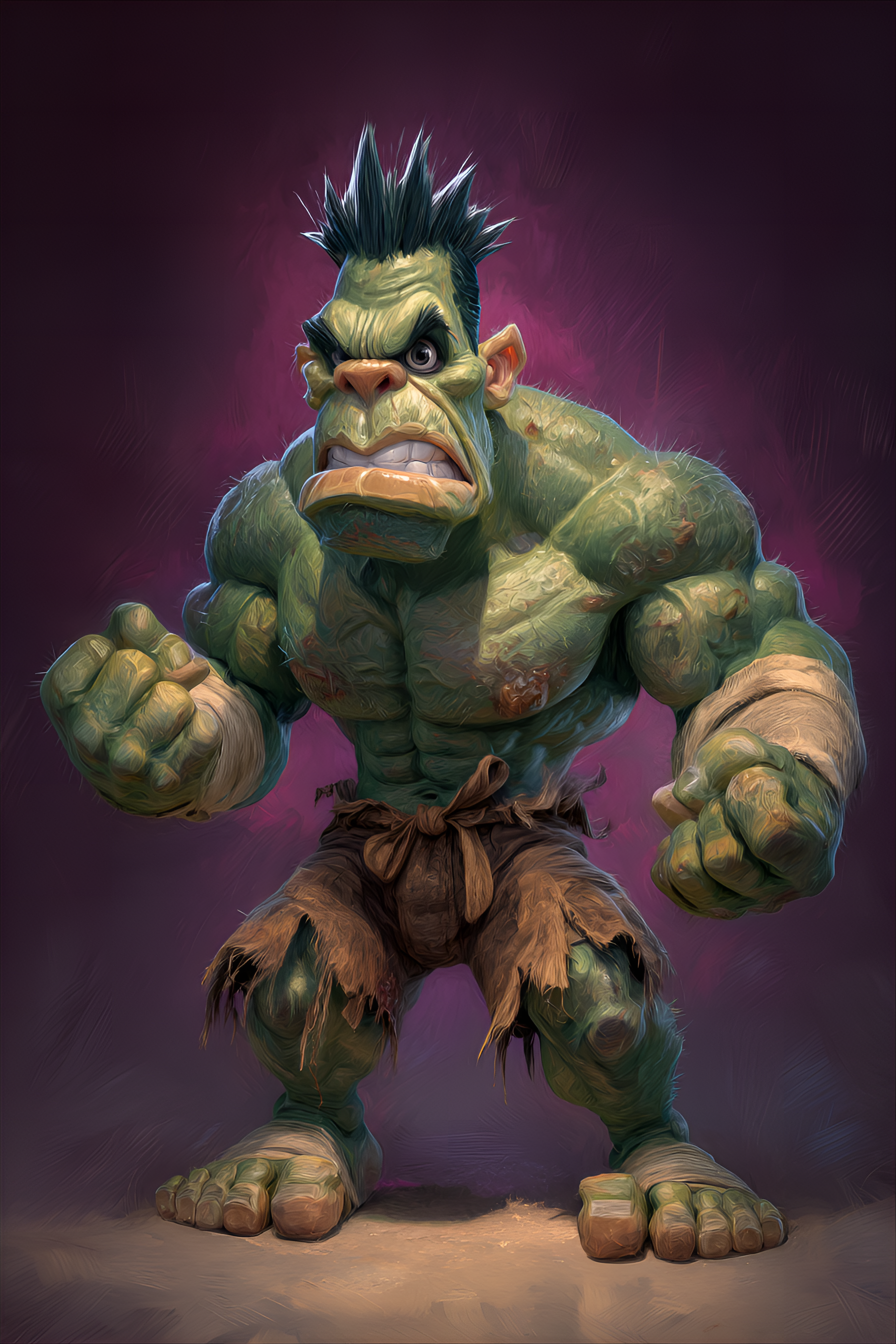 Midjourney prompt: funny caricature, hulking green monste...