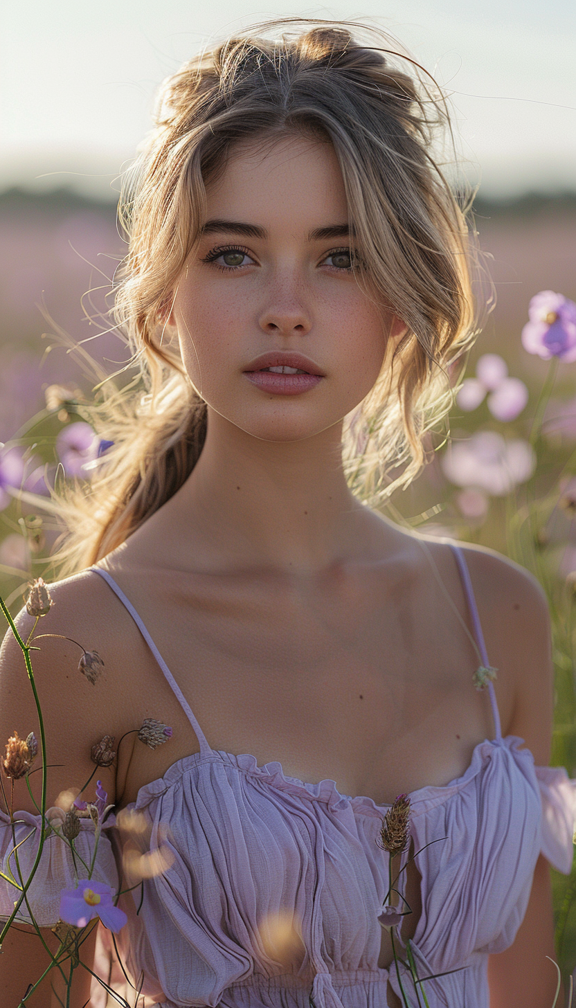 Midjourney prompt: A beautiful girl in a lavender dress, in the middl... - Midjourney