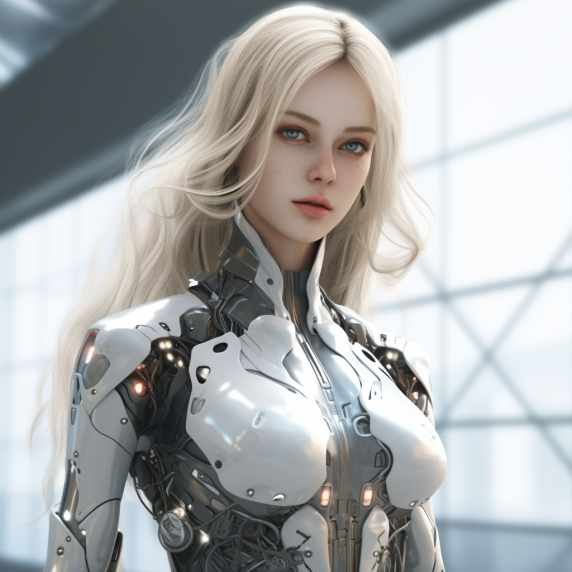 AI generated: Midjourney prompt: a cyber-girl, very beautiful with long hairs, eleg... (Midjourney - Character Design)