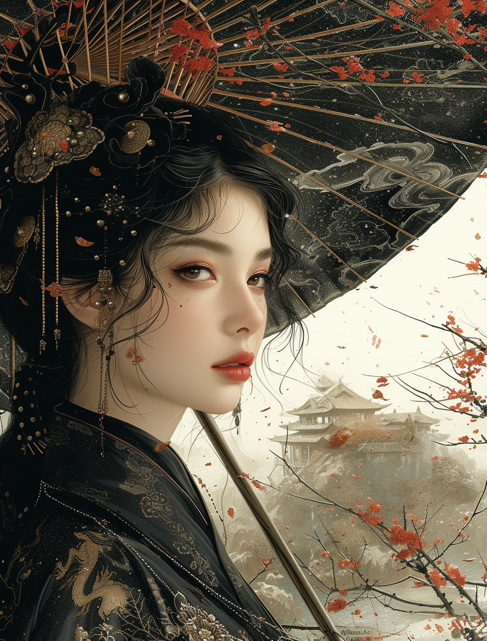 Midjourney prompt: an illustration of a woman with a hat and umbrella... - Midjourney