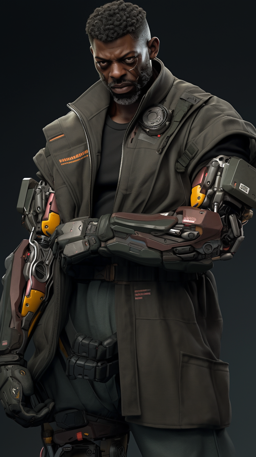 صورة مولدة بالذكاء الاصطناعي: Midjourney prompt: idris elba as a cage fighter in cyberpunk clothing... (نموذج Midjourney - Character Design)