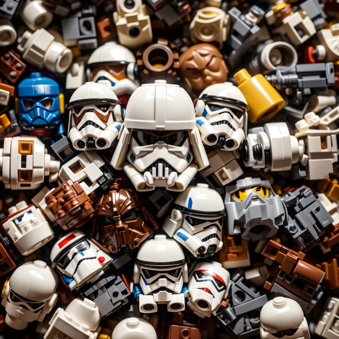 Midjourney prompt: photo of a pile of lego star wars minifigure heads... - Midjourney