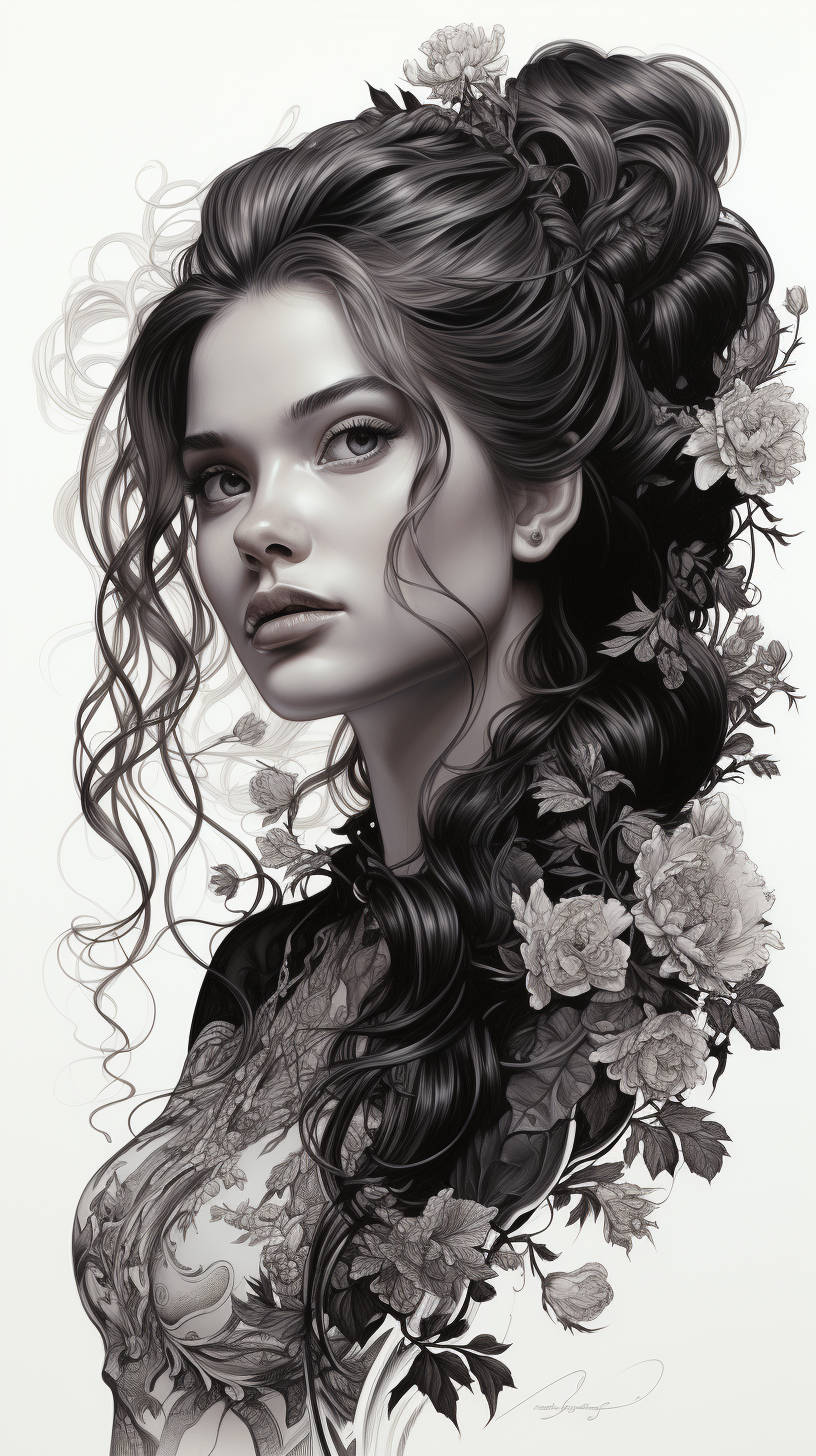Midjourney prompt: black and white portrait of a woman having long ha... - Midjourney