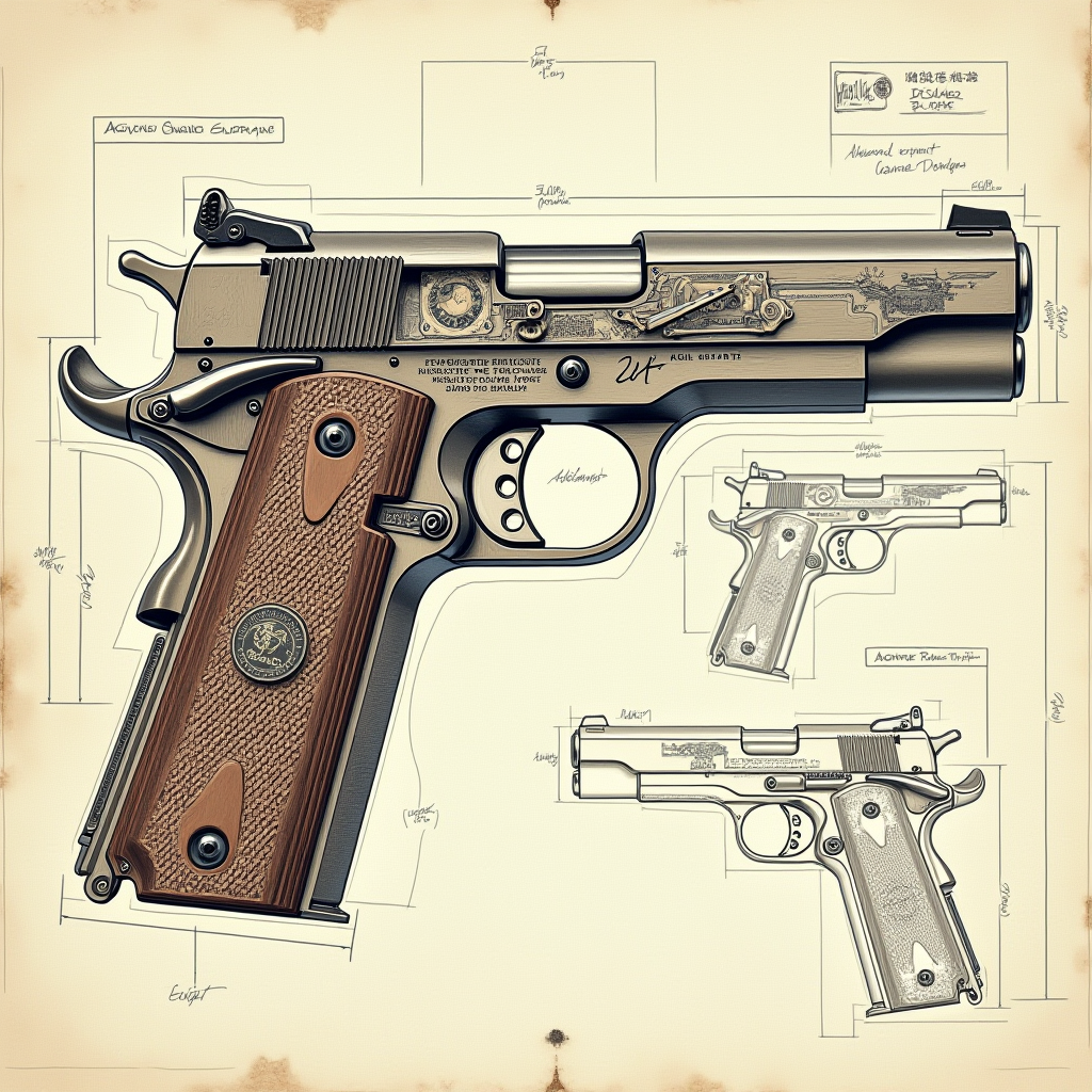 AI generated: FLUX prompt: a colt 1911 pistol schematic showcasing a cutaway ... (FLUX - Logo Icon Design)