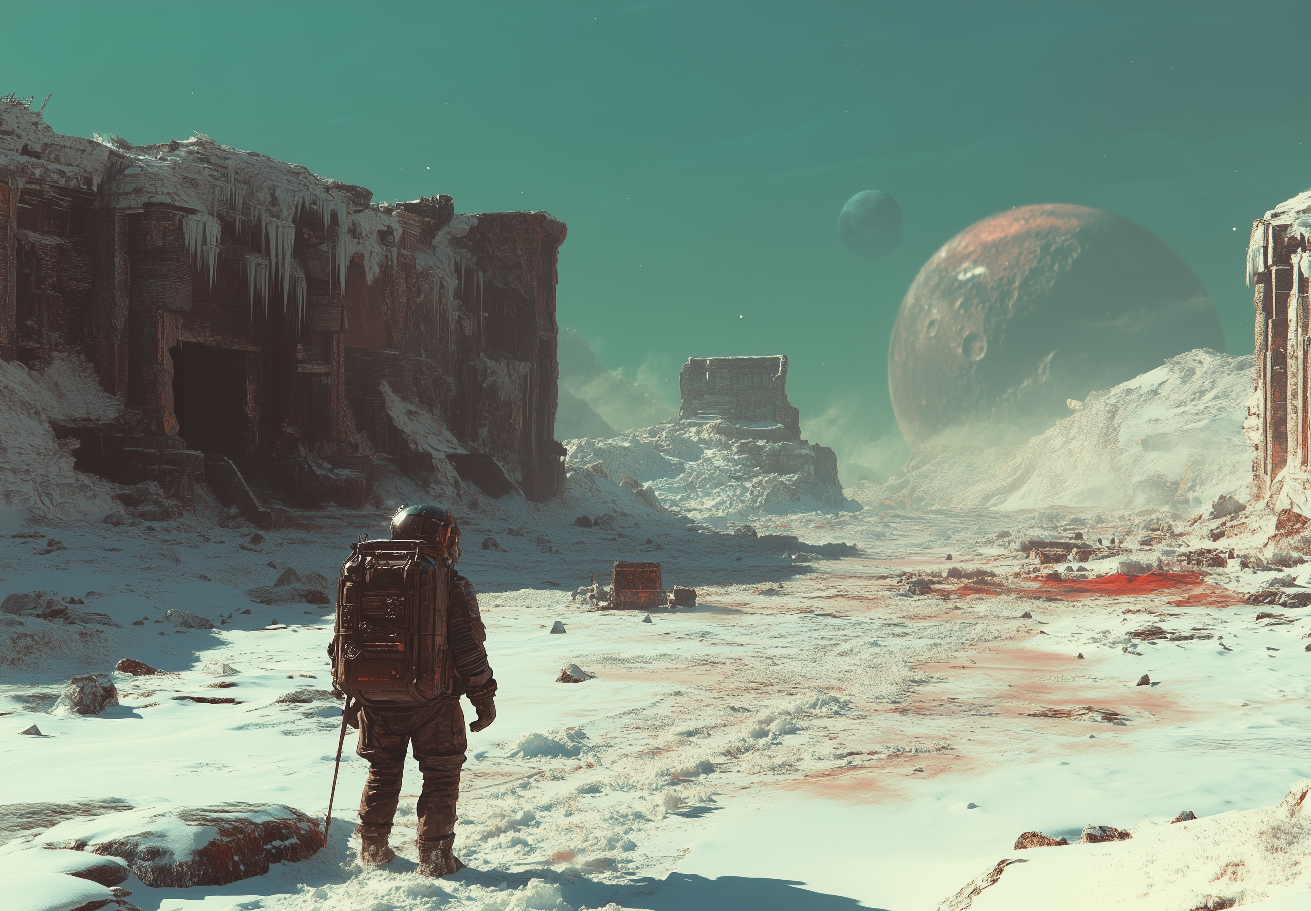صورة مولدة بالذكاء الاصطناعي: Midjourney prompt: A lone astronaut on an icy planet, gazing at the d... (نموذج Midjourney - مناظر طبيعية)