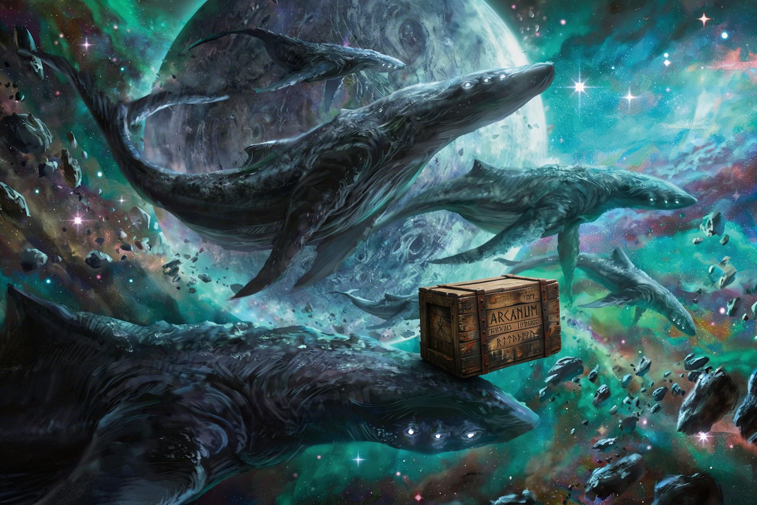 AI generated: Seedream 5 prompt: fantasy astral whales nudging a tiny crate floatin... (Seedream 5 - Landscapes)