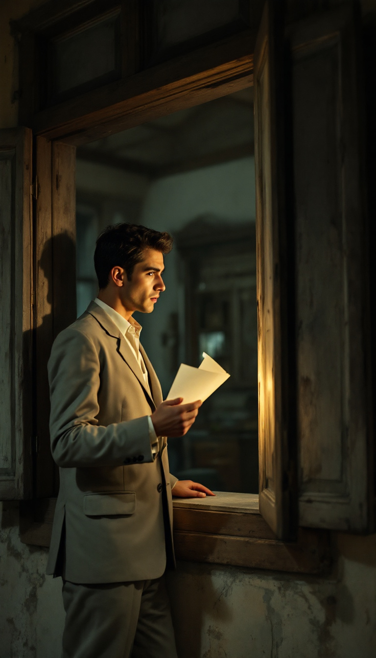 FLUX prompt: A young man from the 1950s standing by an old wind... - FLUX