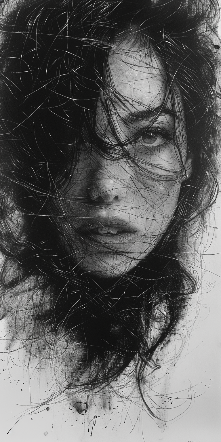 صورة مولدة بالذكاء الاصطناعي: Midjourney prompt: charcoal sketch, woman with long hair, hyperdetail... (نموذج Midjourney - صور شخصية)