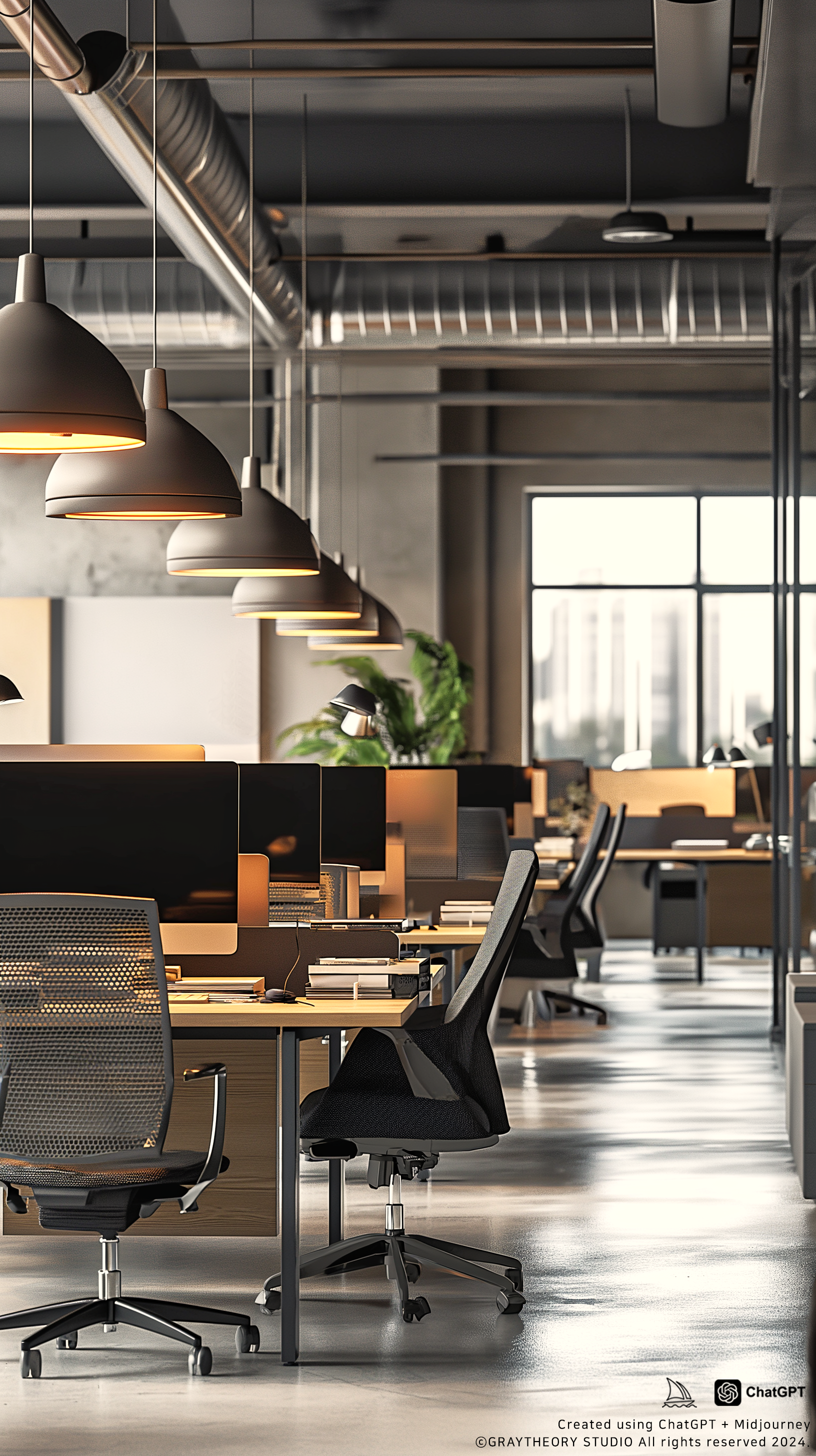 AI generated: Midjourney prompt: Front view, office, minimalist, Sony A7R IV, 85mm ... (Midjourney - Interior Design)
