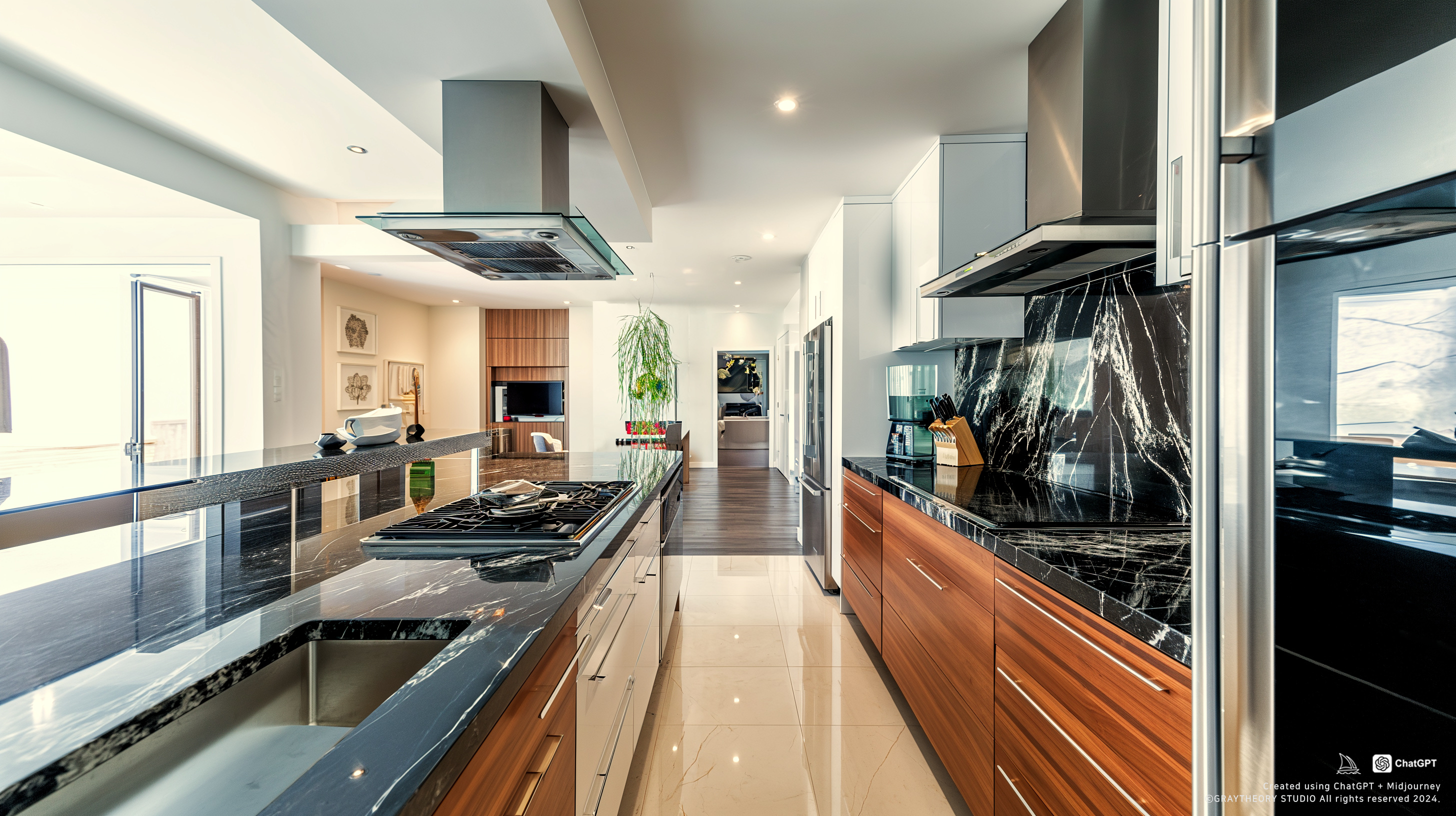صورة مولدة بالذكاء الاصطناعي: Midjourney prompt: Create a contemporary kitchen using a Sony A7 III,... (نموذج Midjourney - تصميم داخلي)