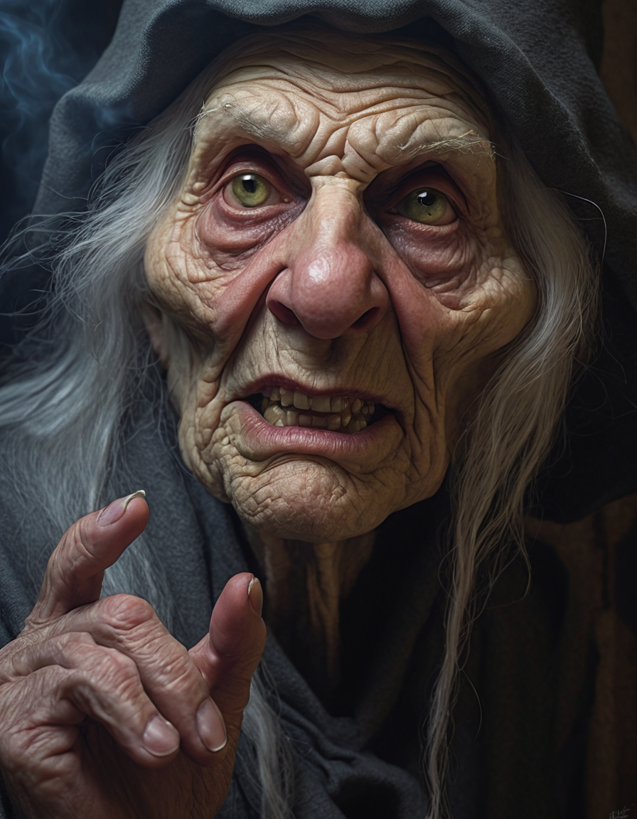 AI generated: Stable Diffusion prompt: The image features a wimsical and scary witch with... (Stable Diffusion - Portraits)