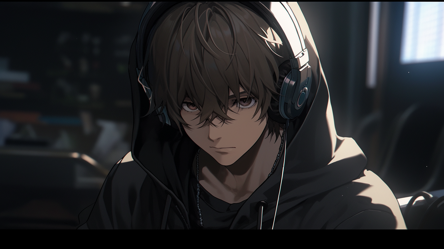 Midjourney prompt: Anime guy, young man, dark brown hair, blue eyes, ... - Midjourney