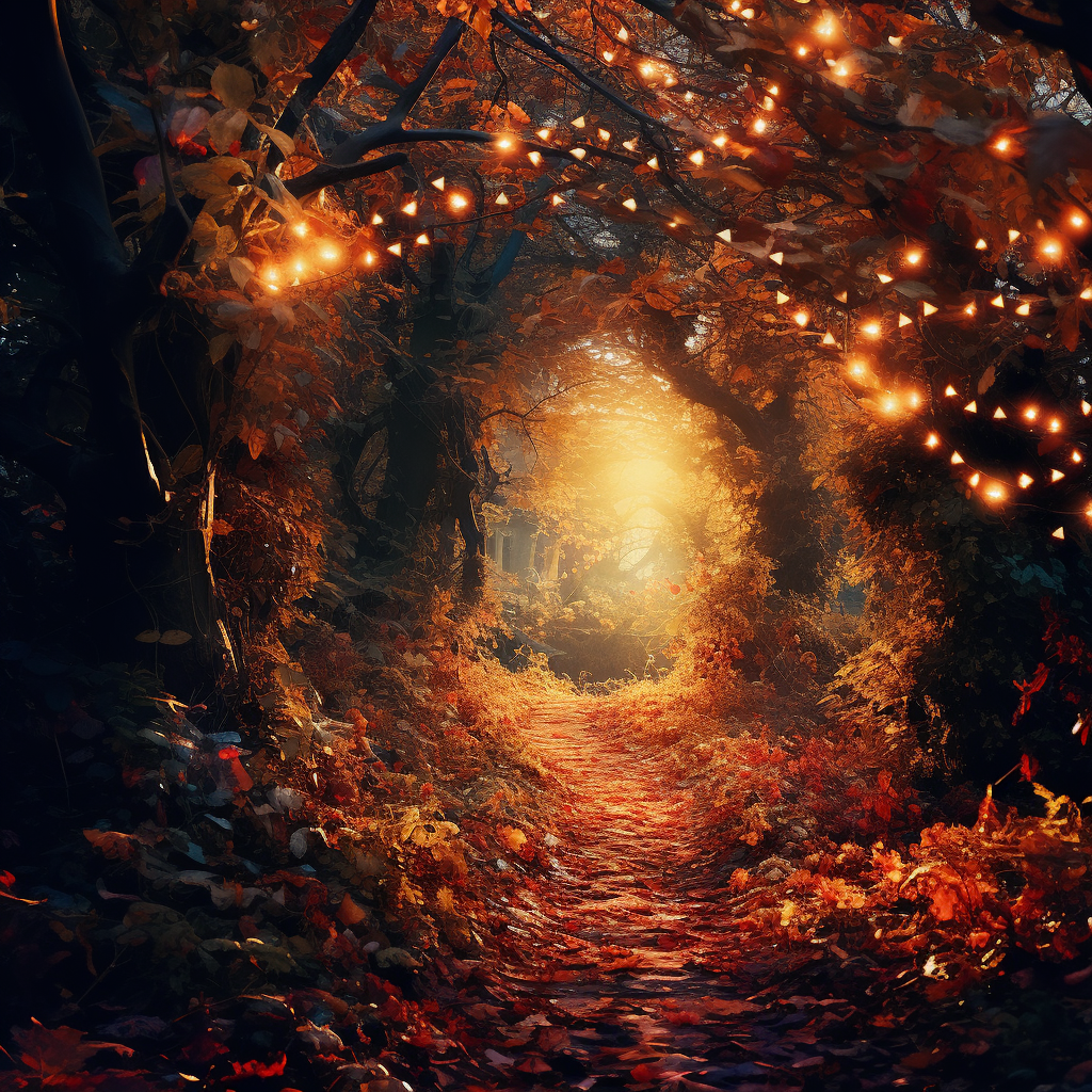 AI generated: Midjourney prompt: autumn leaves illuminated the path through the woo... (Midjourney - Landscapes)
