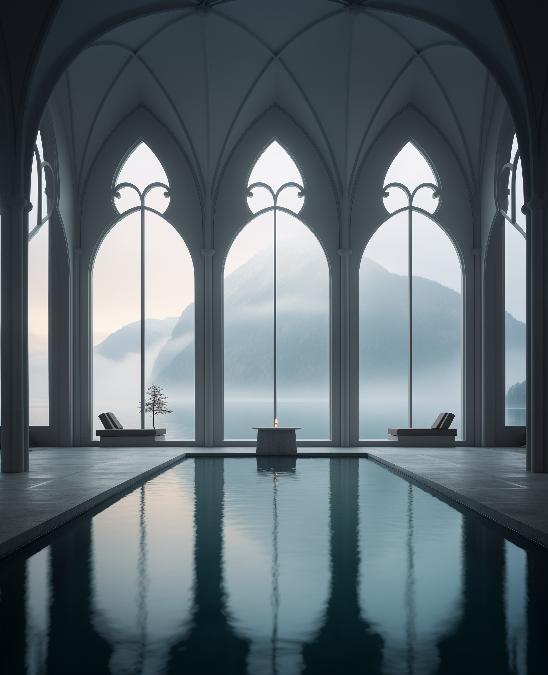 صورة مولدة بالذكاء الاصطناعي: Midjourney prompt: A photograph of an indoor pool with gothic arches ... (نموذج Midjourney - تصميم داخلي)