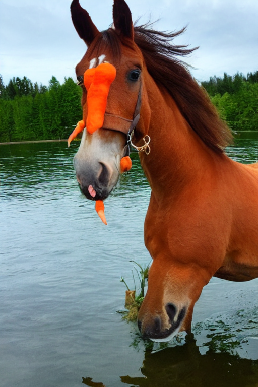 Stable Diffusion prompt: A horse with a carrot in his mou...