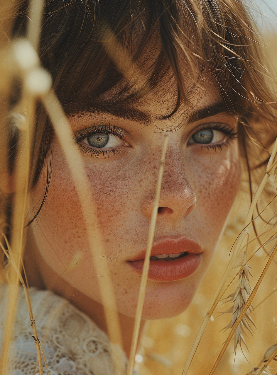 Midjourney prompt: picture of girl in the field with freckles, in the... - Midjourney