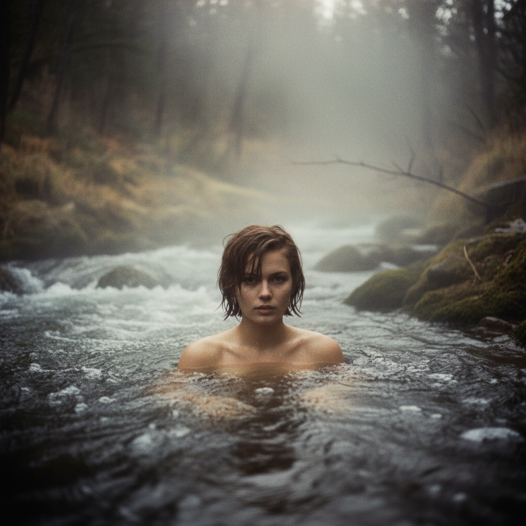 Nano Banana prompt: hot spring in a wild river flow, steam rises from... - Nano Banana