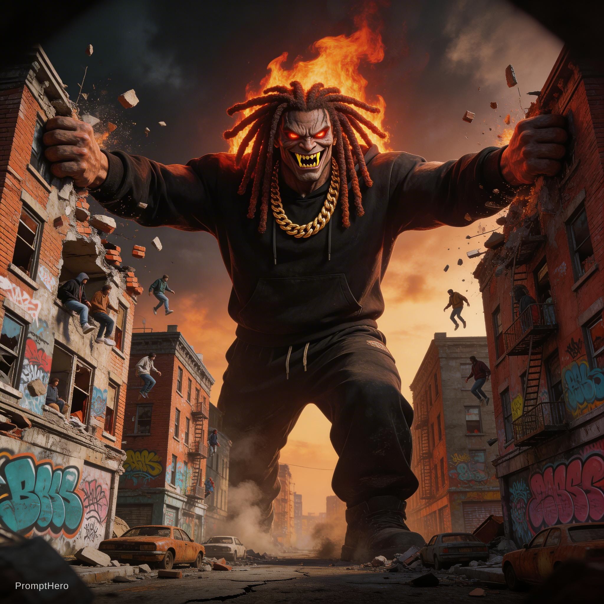 Seedream 5 prompt: A colossal HIP HOP DEMON with flaming dreadlocked... - Seedream 5
