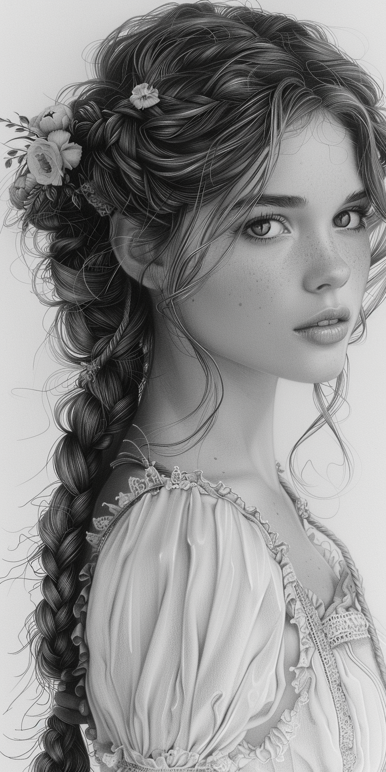 AI generated: Midjourney prompt: pencil drawing of a beautiful young princess with ... (Midjourney - Portraits)