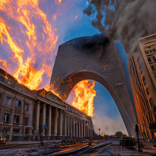 Openjourney prompt: EXPLOSION The Gateway Arch bent down ...
