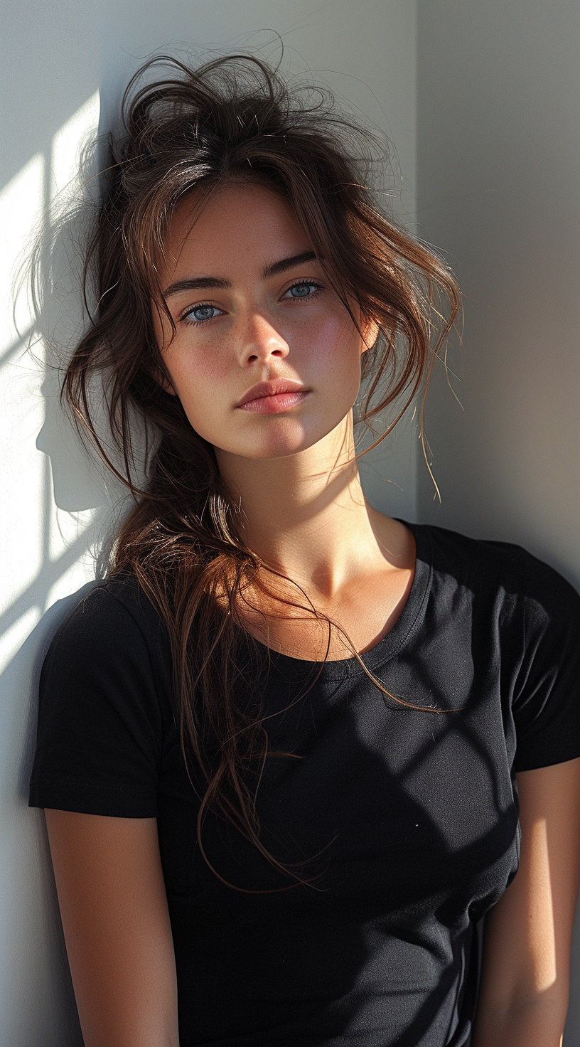 AI generated: Midjourney prompt: woman in a black tshirt, in the style of sterling ... (Midjourney - Photography)