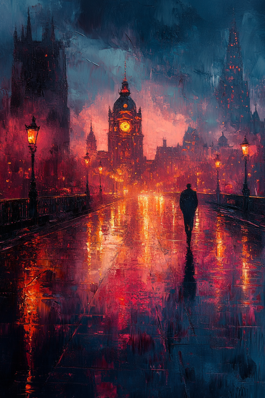 صورة مولدة بالذكاء الاصطناعي: Midjourney prompt: a painting of a cityscape done in dry brush style ... (نموذج Midjourney - فن مفاهيمي)