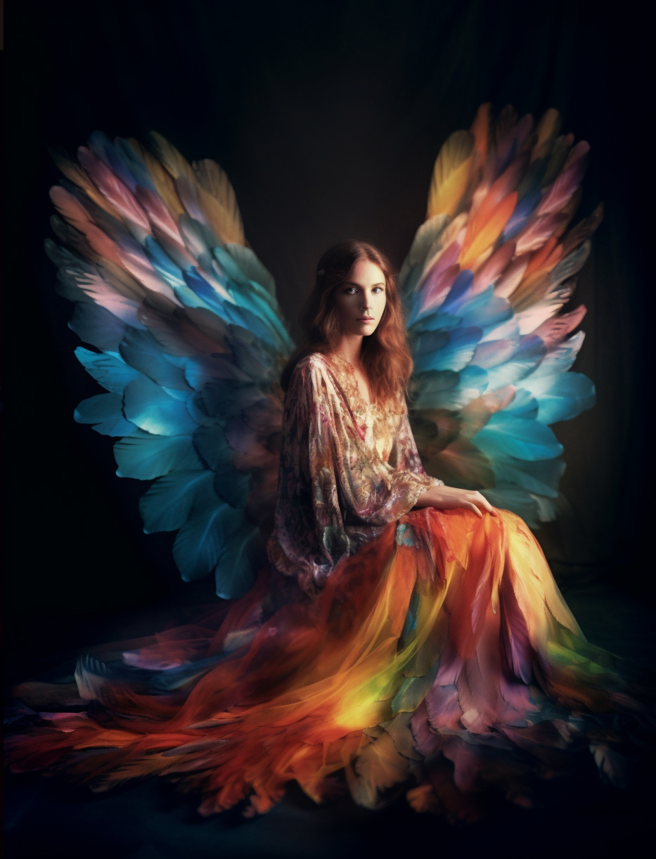 AI generated: Midjourney prompt: a woman in a colorful dress sitting on the ground,... (Midjourney - Fashion)