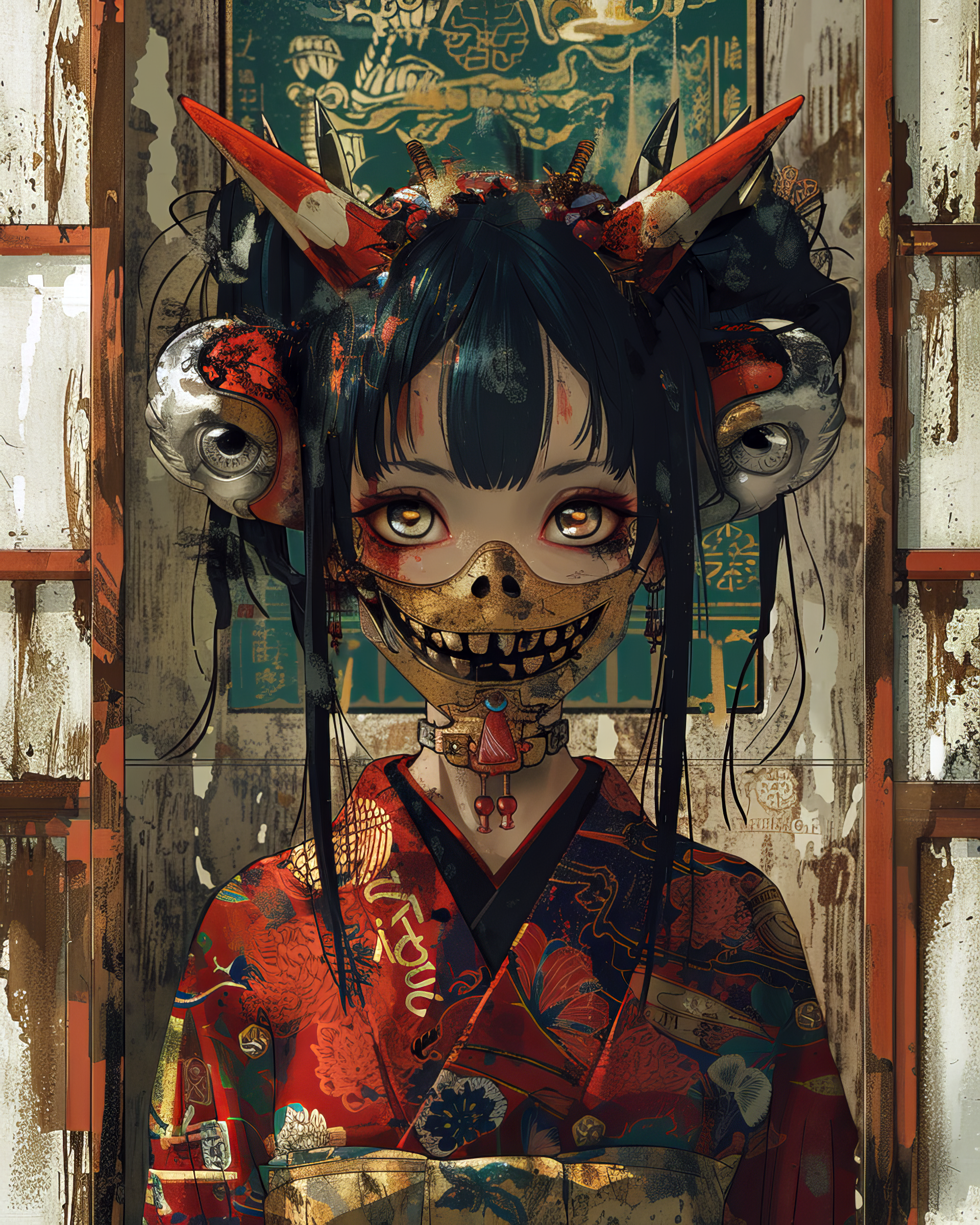 AI generated: Midjourney prompt: monster girl, solo, oni girl, horns, kimono, japan... (Midjourney - Anime)