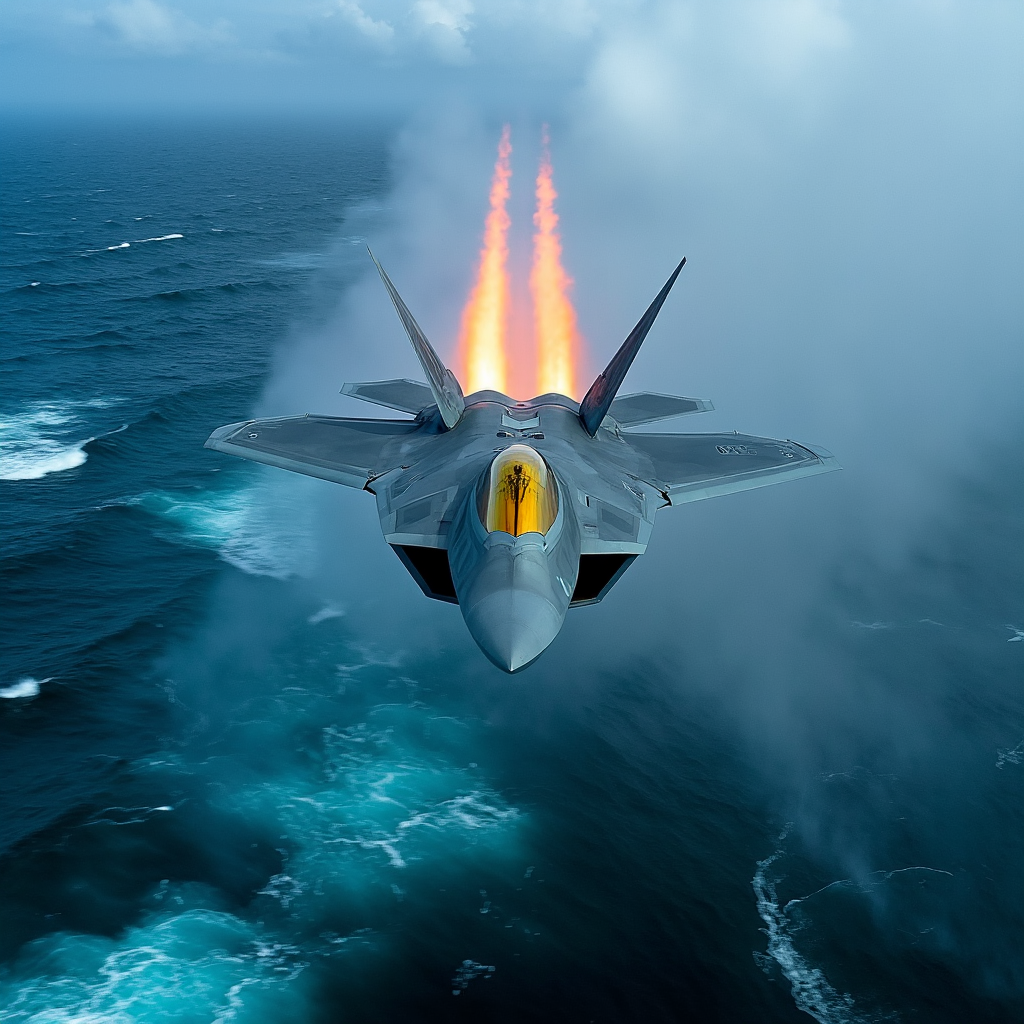 صورة مولدة بالذكاء الاصطناعي: FLUX prompt: An F-22 Raptor in a high angle-of-attack maneuver,... (نموذج FLUX - تصوير فوتوغرافي)