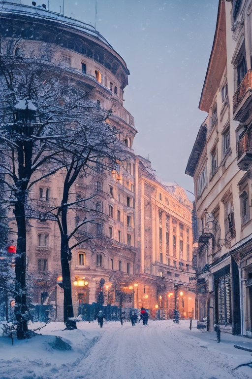 AI generated: Openjourney prompt: Bucharest| street| old town| old city| winter| hea... (Openjourney - Landscapes)