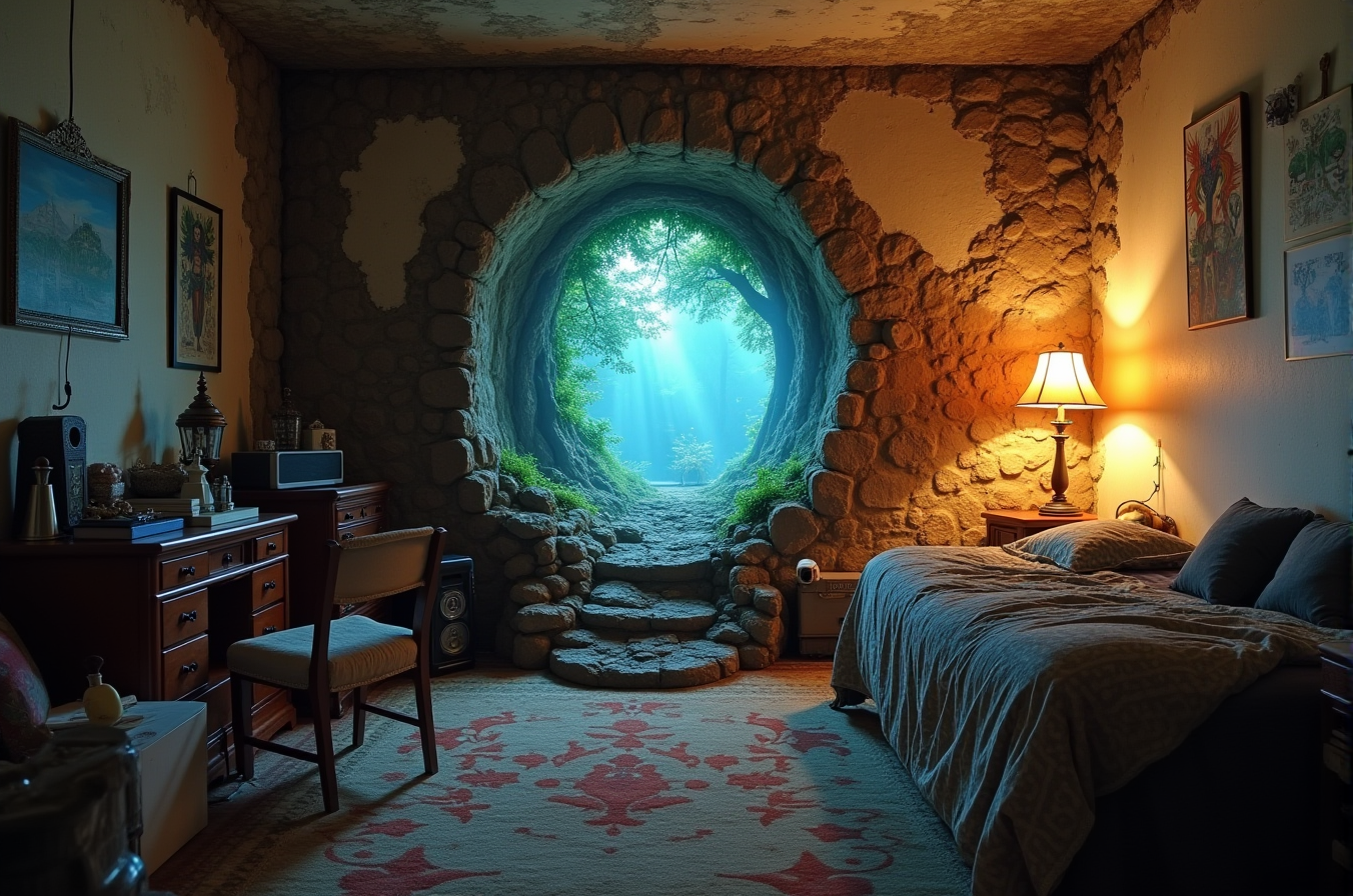 AI generated: FLUX prompt: a portal into a mythical forest on the wall of my ... (FLUX - Photography)