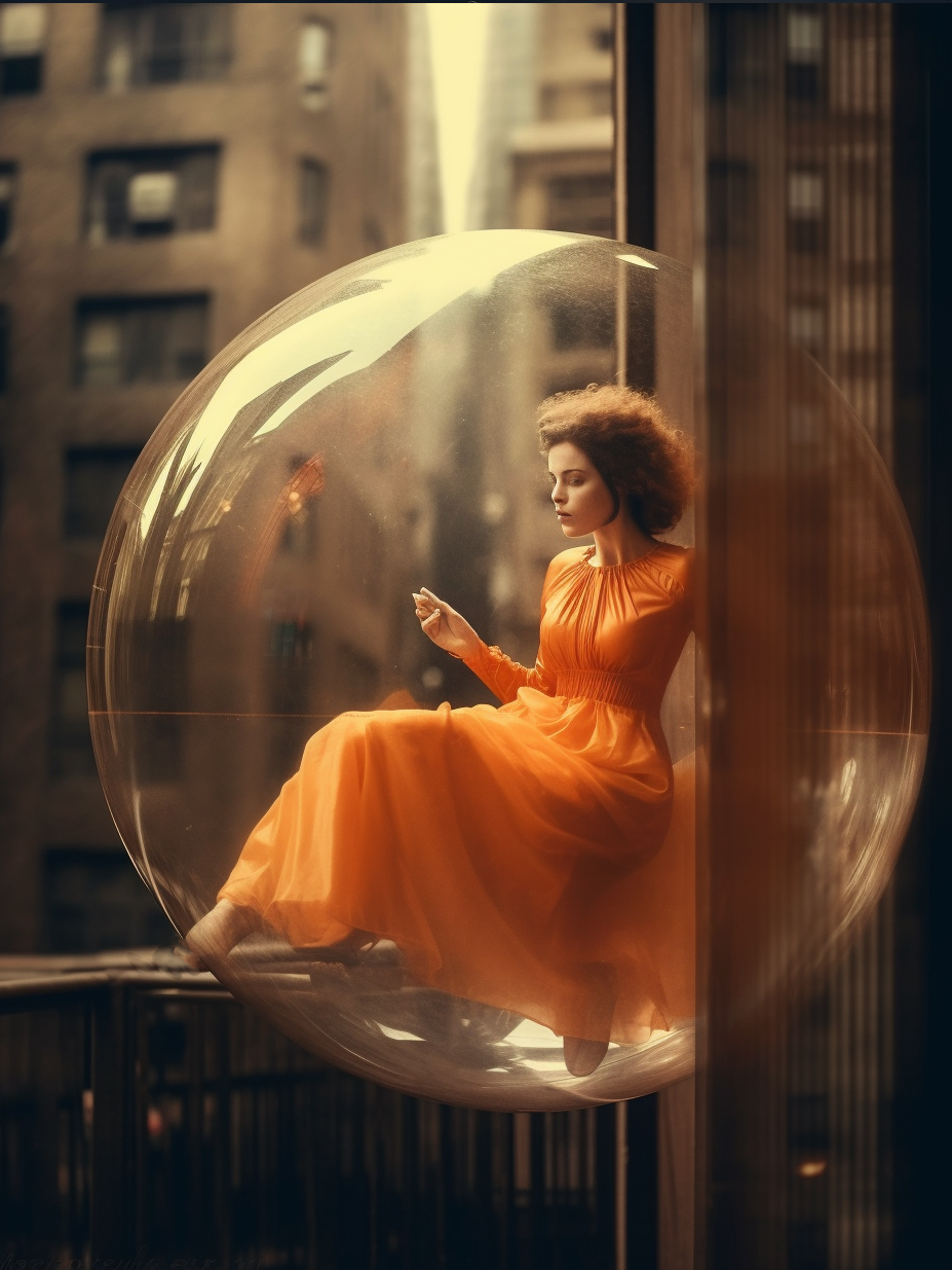 صورة مولدة بالذكاء الاصطناعي: Midjourney prompt: a woman in an orange dress flying through a bubble... (نموذج Midjourney - صور شخصية)