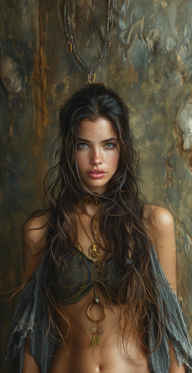 AI generated: Midjourney prompt: a woman's portrait with long hair and chainmail ... (Midjourney - Photography)