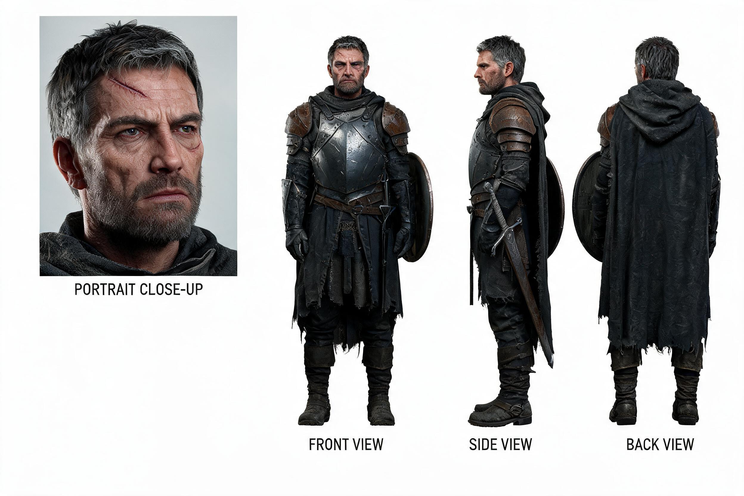 AI generated: Seedream 5 prompt: Character sheet. Former soldier turned brigand le... (Seedream 5 - Portraits)
