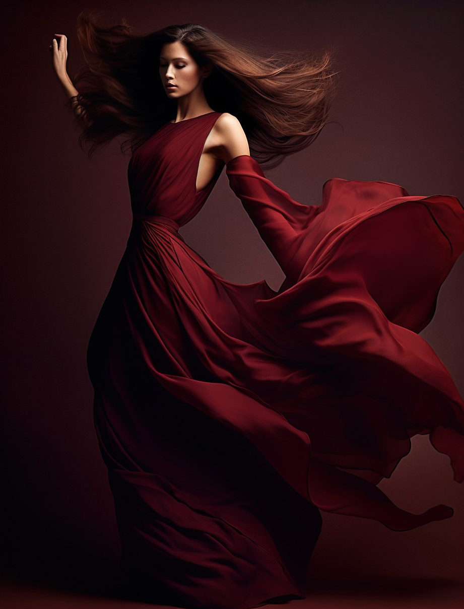 AI generated: Midjourney prompt: beautiful red dress long hair and dance, in the st... (Midjourney - Fashion)