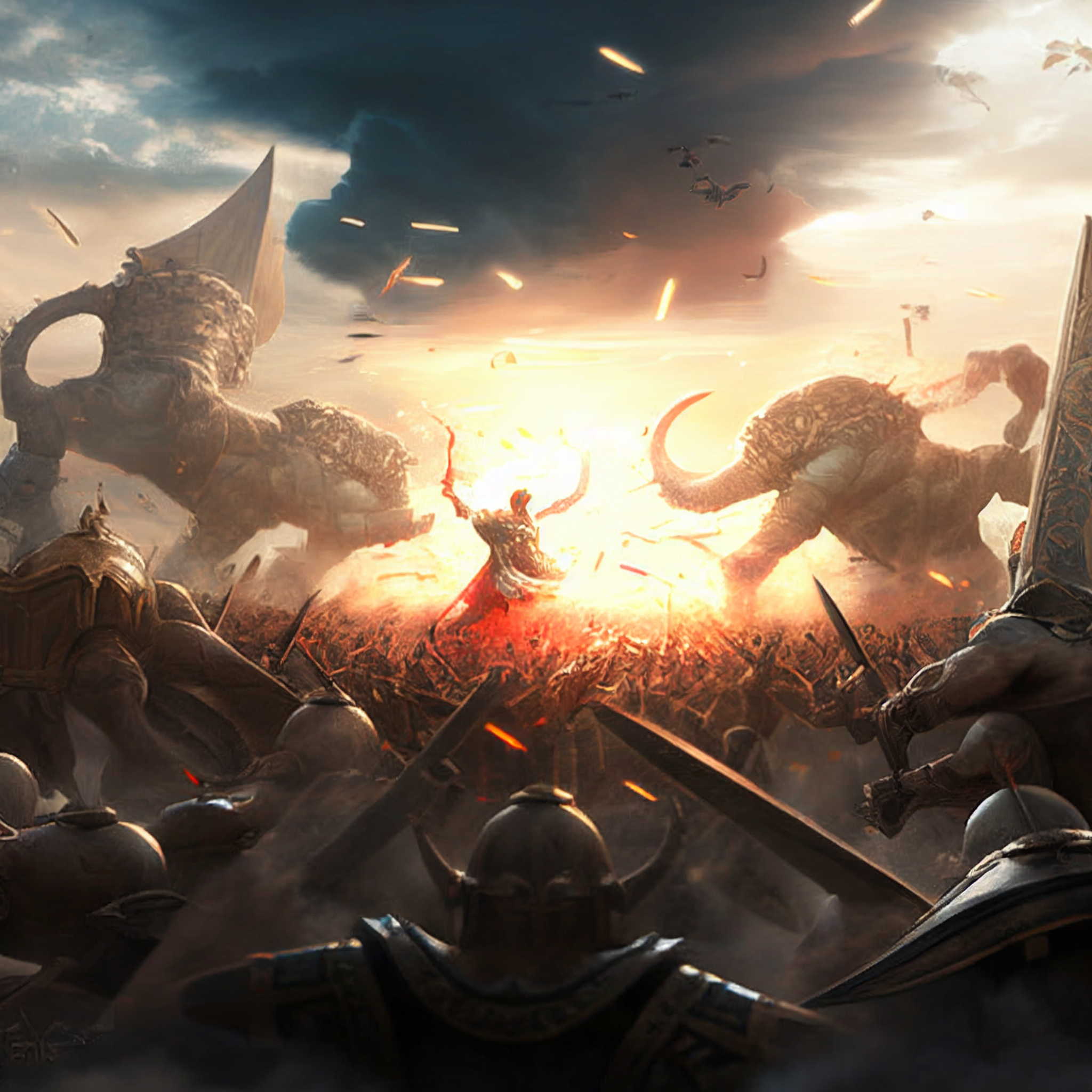 Midjourney prompt: gods vs humans, massive battle, cinema...