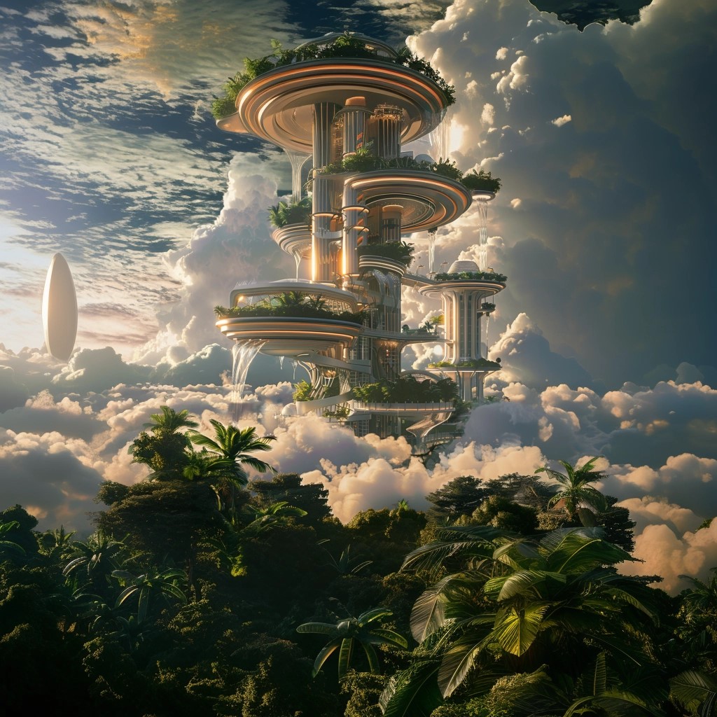AI generated: Midjourney prompt: futuristic and fantasy building, clouds around it,... (Midjourney - Architecture)