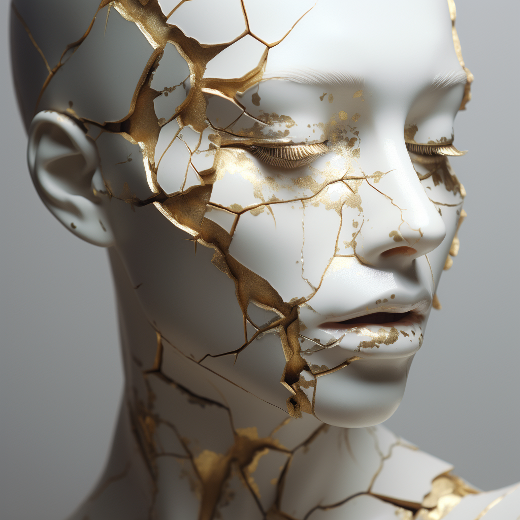 AI generated: Midjourney prompt: Porcelain portrait, repaired using Kintsugi. (Midjourney - Portraits)