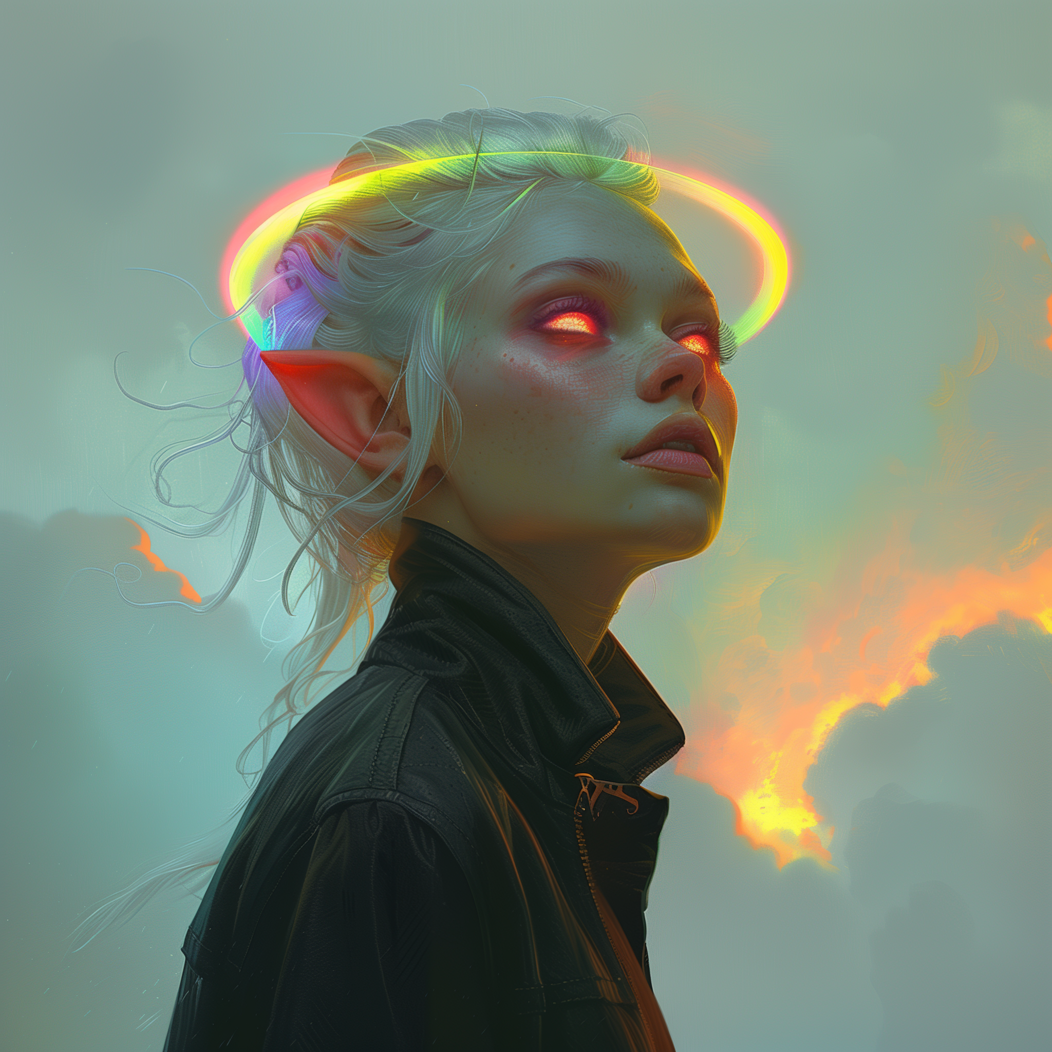 AI generated: Midjourney prompt: A female elf with glowing eyes, she has white hair... (Midjourney - Portraits)
