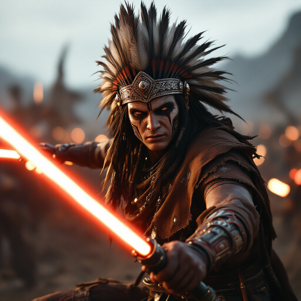 FLUX prompt: male apache warrior figure in war derss with...