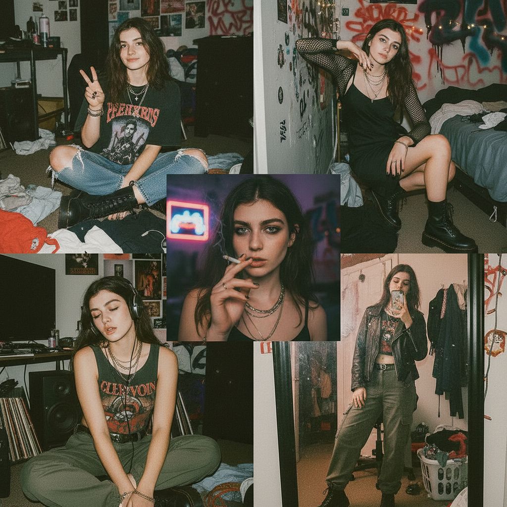 Nano Banana prompt: collage of pics of her in her bedroom taking selfi... - Nano Banana