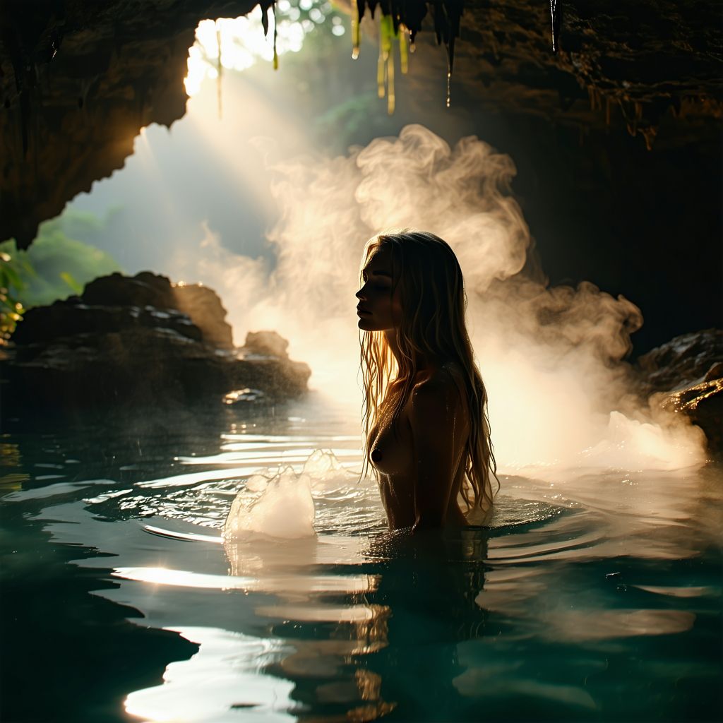 صورة مولدة بالذكاء الاصطناعي: Stable Diffusion prompt: hot spring inside a dimly lit cave, steam rises fr... (نموذج Stable Diffusion - صور شخصية)