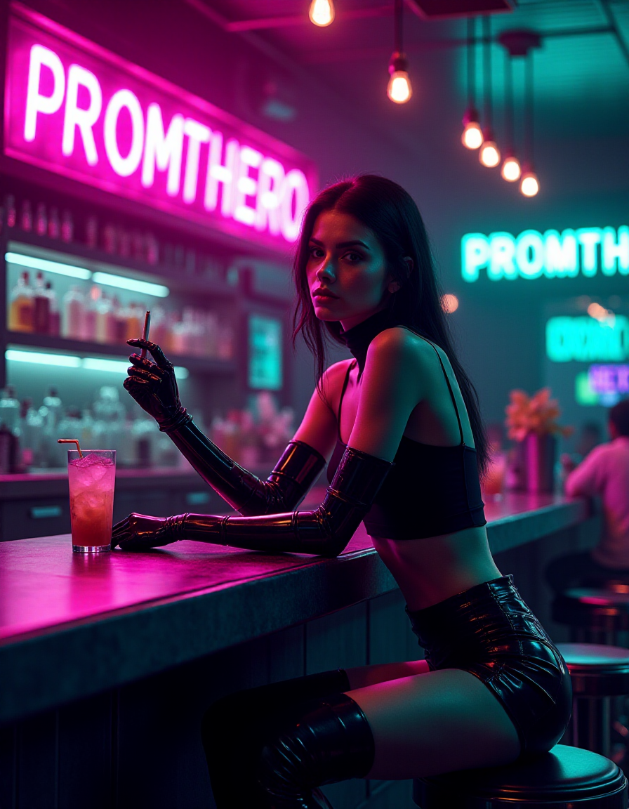 AI generated: FLUX prompt: woman sitting at the counter of a futuristic cyber... (FLUX - Photography)